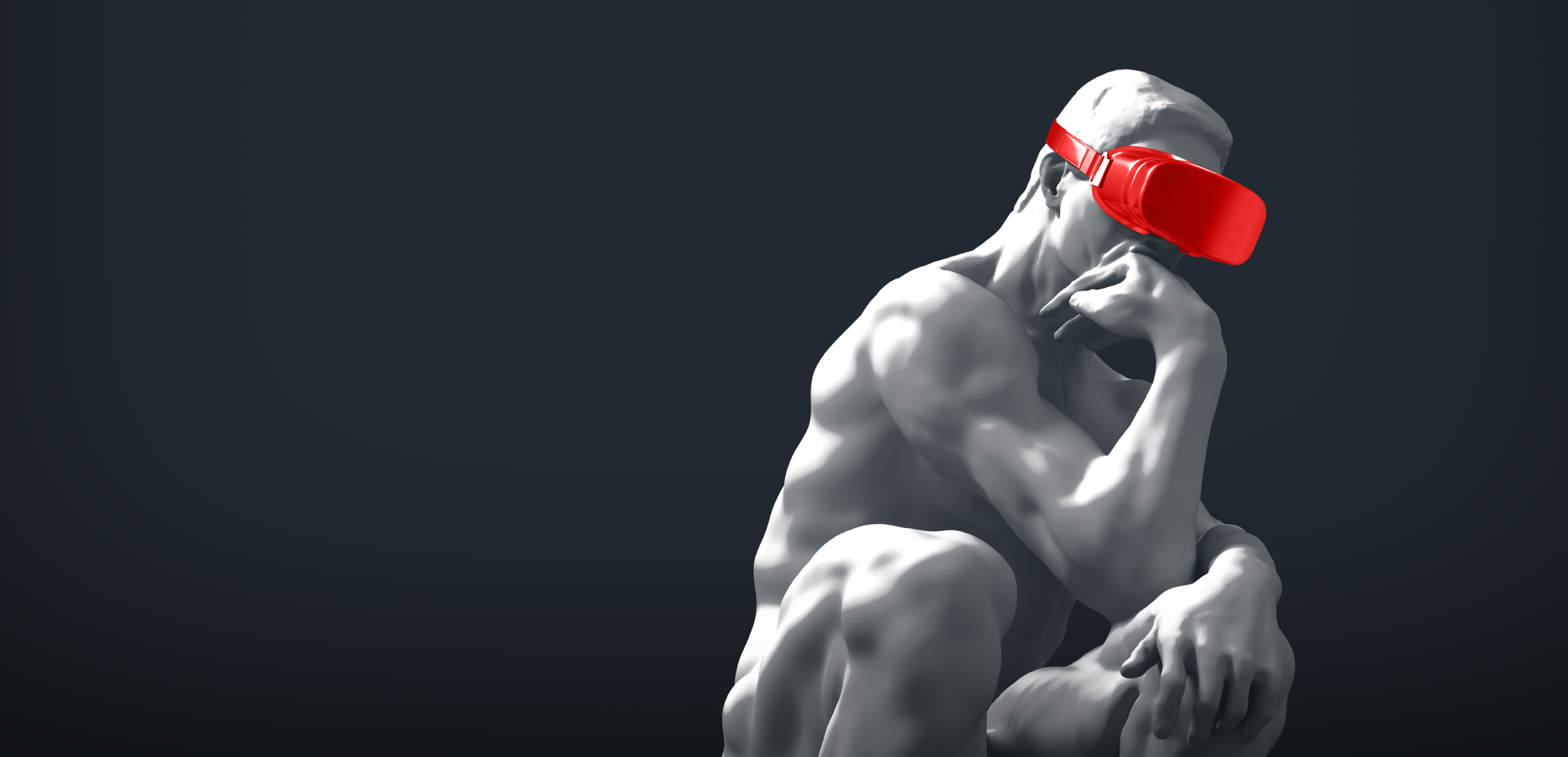 The thinker statue wearing red virtual reality goggles.